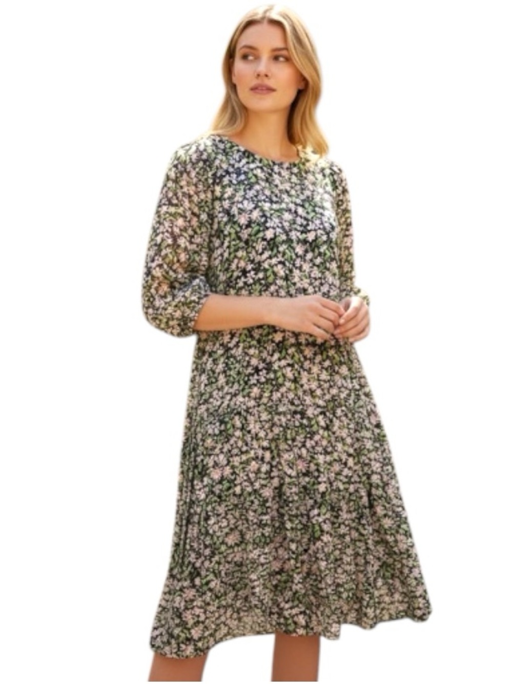 Tommy Hilfiger Floral Chiffon Midi Dress Sz 10 Black Green Pink Feminine Preppy